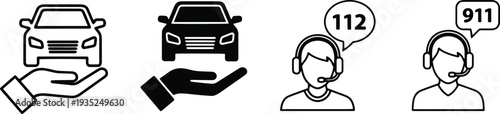 A set of vector line art silhouettes depicting car assistance and emergency services in a simple bundle
