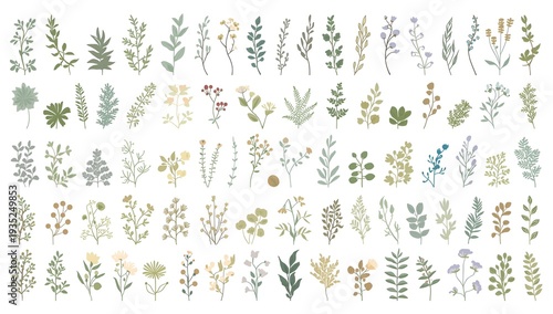 Vast collection of hand-drawn botanical illustrations featuring diverse leaves, twigs, herbs, and wildflowers in a natural, organic style, perfect for various design projects