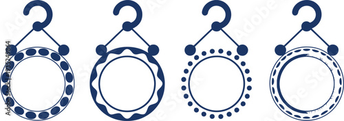 Four blue scarf hangers with circular frames and decorative edges