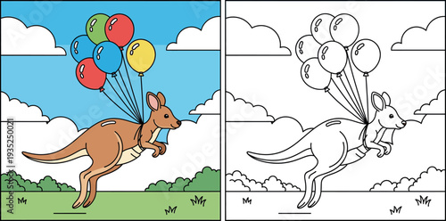 Funny cartoon kangaroo jumping and flying with bunch of colorful helium balloons, vector