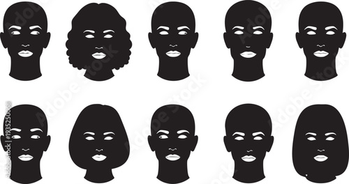 Black silhouettes of diverse people faces diverse faces head silhouettes facial white background