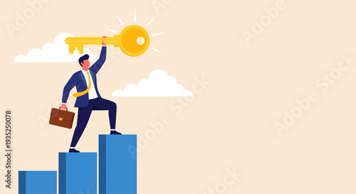A confident businessman holding a glowing golden key steps upward on blue bar chart columns against a cloudy sky, symbolizing the unlocking of financial growth and the achievement of career successes