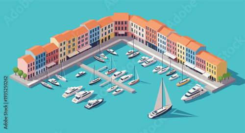 Isometric illustration of a marina featuring colorful buildings, various yachts, and calm turquoise water, ideal for travel and leisure concepts.