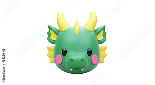 Cute green dragon head with yellow horns and pink cheeks