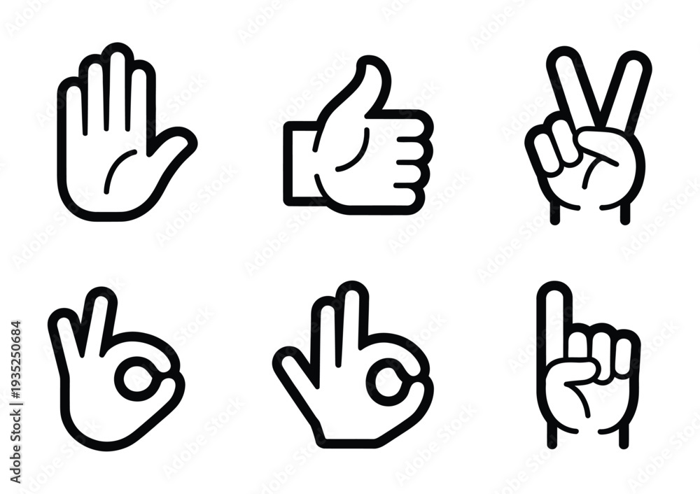 Fototapeta premium Outline hand icons set, human gestures including stop, approval, peace, okay, minimal line art, vector illustration pack