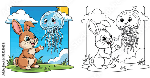 Cute cartoon brown bunny playing with floating blue jellyfish, vector illustration of happy animal