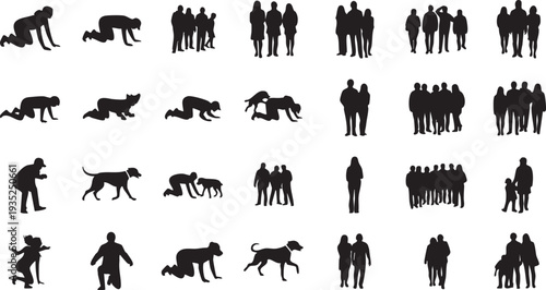 Black silhouettes of people and dogs in various poses on white background