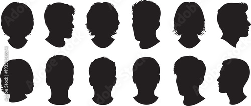 Black silhouettes of people heads in profile views various hairstyles white background