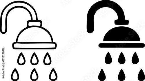 Bathroom Shower Head With Water Drops Icon Set