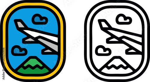 View From Airplane Window With Mountain And Clouds