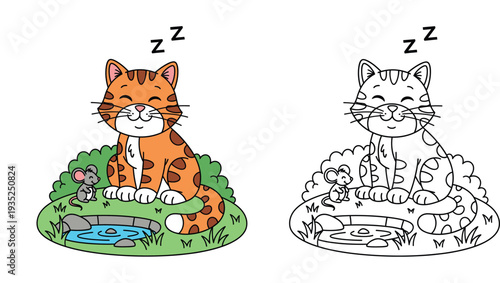 Cute cartoon orange cat sleeping sitting up next to small pond with little grey mouse friend, funny vector