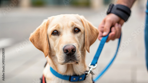 Service dog assistance training leash handler loyal guide dog partnership outdoor city street support focus calm