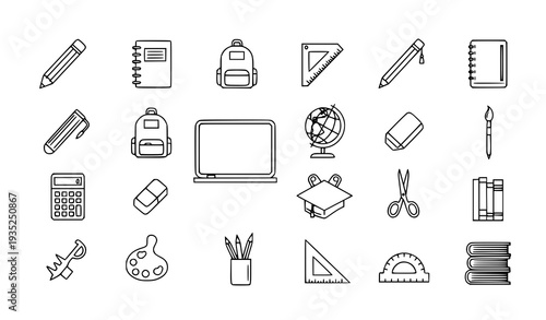 A collection of black and white line art school icons and objects