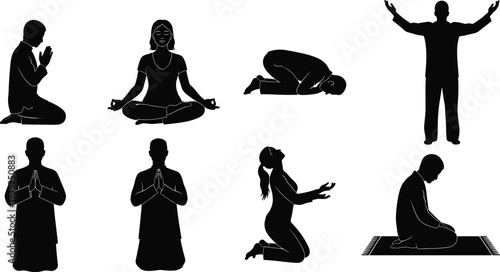 Silhouettes of people in prayer and meditation poses, spiritual worship positions, religious devotion postures, flat vector illustration