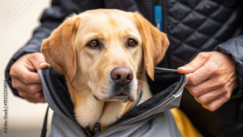 Service dog assistance training golden retriever comfort outdoor coat jacket care