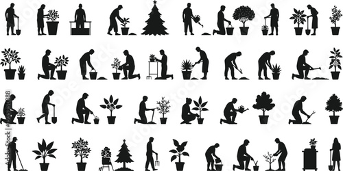 Silhouettes of people gardening, planting trees, watering potted plants, caring for flowers and shrubs, outdoor garden work activity vector set