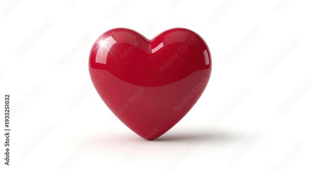 Fototapeta premium A shiny red heart sits on a white background with a subtle shadow underneath it