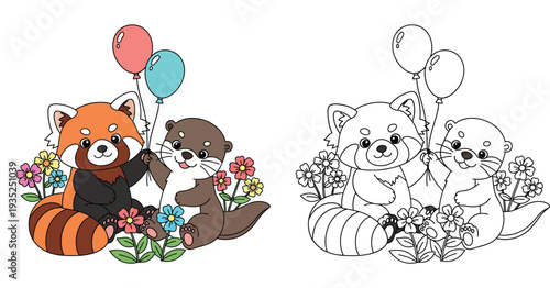 Cute cartoon red panda and brown otter sitting together holding colorful balloons, happy vector