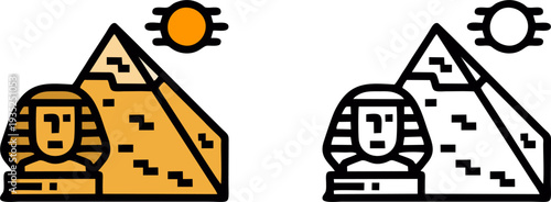 Egyptian Pyramid and Sphinx Icon in Flat and Outline Style