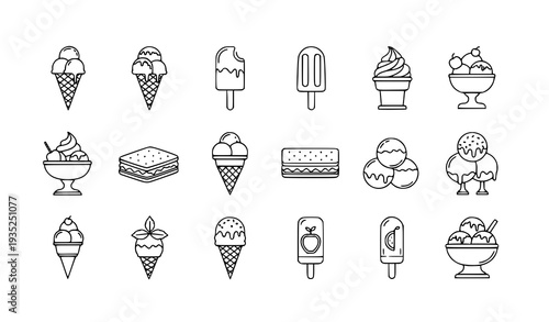 A set of black and white line art illustrations of various ice cream treats