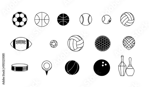 A collection of various sports balls and equipment in a flat vector illustration