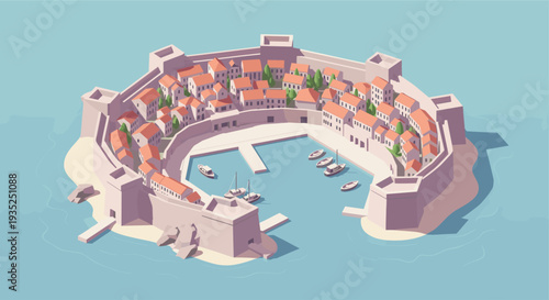 Vector illustration of a picturesque coastal town nestled within a fortified wall, overlooking the calm Mediterranean Sea with boats in the harbor; ideal for travel and architecture.