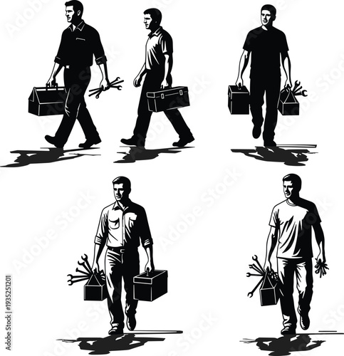 Set of black silhouettes featuring male mechanics and technicians walking while carrying toolboxes and wrenches isolated on white background for industrial repair vector design.