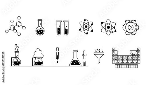 A set of black and white vector icons depicting various chemistry laboratory equipment and symbols