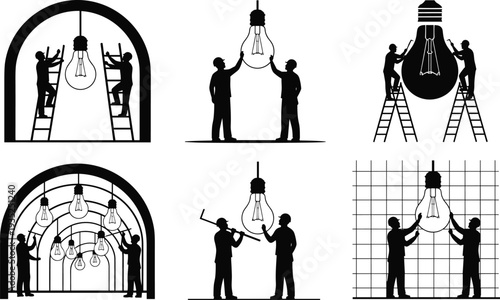 Set of black silhouettes featuring professional electricians on ladders installing and repairing large light bulbs isolated on white background for industrial maintenance vector design.