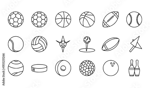 A set of minimalist line art icons depicting various sports balls and equipment
