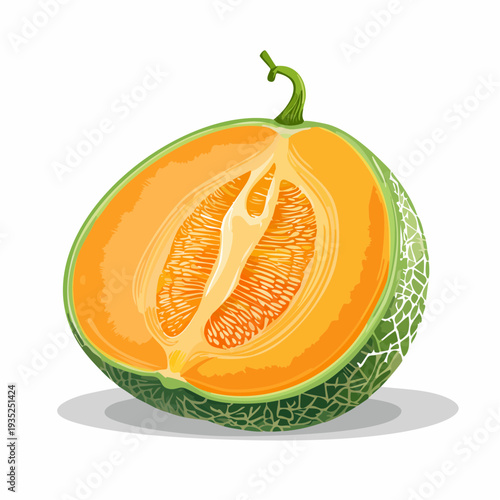 A halved green melon with orange flesh and seeds on a plain background