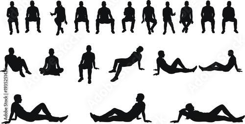 Silhouettes of people sitting and reclining in various postures, body language, lifestyle, mindfulness, relaxation, wellness reference