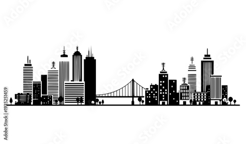 A black and white vector graphic illustration of a city skyline with a bridge