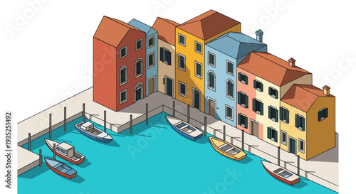 Isometric illustration of colorful buildings and boats docked along a canal in Venice, Italy, with vibrant colors, clean lines and cartoon style, suitable for travel or architecture concepts.