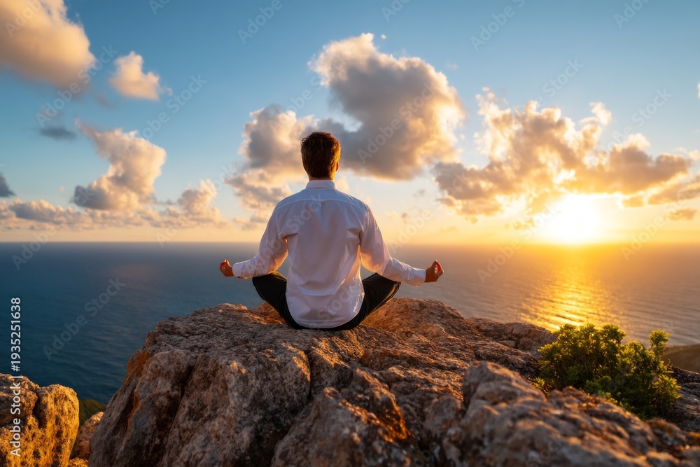 Naklejka premium Senior Person Meditating on Cliff Edge During Serene Sunrise Over Ocean Horizon