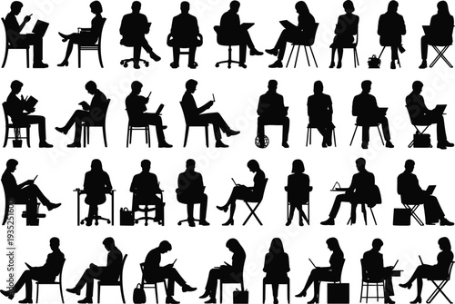 people sitting, chairs, stools, benches, laptop work, reading, writing, business posture, study, workplace, design, ergonomics, productivity, teamwork, education, creativity Silhouettes