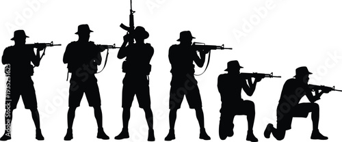 Set of black silhouettes featuring soldiers in tactical gear holding assault rifles in various standing and kneeling firing positions isolated on white background vector.