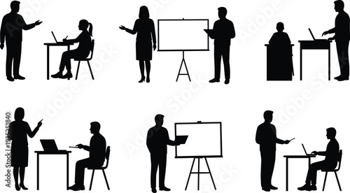 Silhouettes of people teaching, presenting, and collaborating, professional education activities, workplace training, modern communication illustration