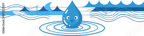 Charming cartoon illustration of a happy blue water droplet creating serene ripples, symbolizing essential hydration, environmental consciousness, and the purity of natural resources