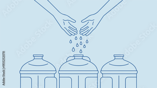 Hands washing over three recycling bins with water droplets falling into the middle container