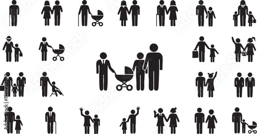 Black silhouettes of people in various family and social settings relationships