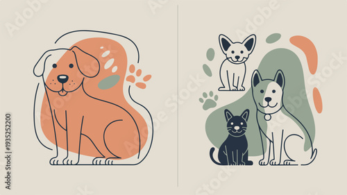 Simple illustrations of dogs and cats in various poses and colors, showcasing pet companionship from a front viewpoint.