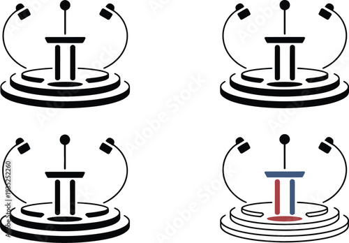 Four stylized podiums with spotlights, one with colored accents