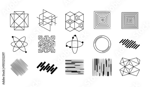 A collection of geometric shapes and abstract designs in a minimalist vector graphic