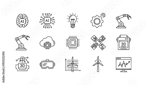 A set of modern technology icons in a minimalist line art style