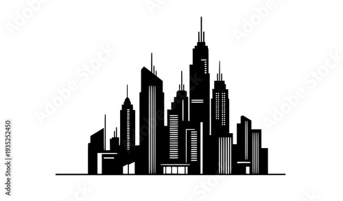 A minimalist black silhouette of a modern city skyline with skyscrapers