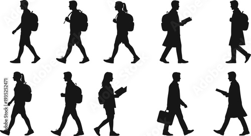 Silhouettes of people walking with backpacks, books, and briefcases, symbolizing education, commuting, daily lifestyle, and professional journey