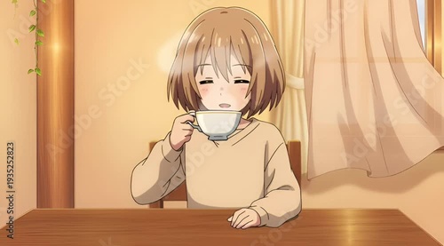 Anime girl drinking hot tea or coffee from a white cup at a wooden table