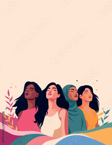 Women's day. Vector illustration of four women of different cultures and nationalities standing together and looking up. Feminism, freedom. Movement for gender equality and women's empowerment