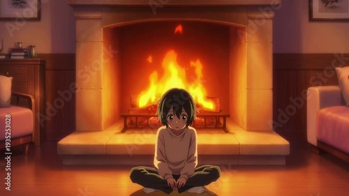 Anime style animation of a young person sitting by a warm fireplace